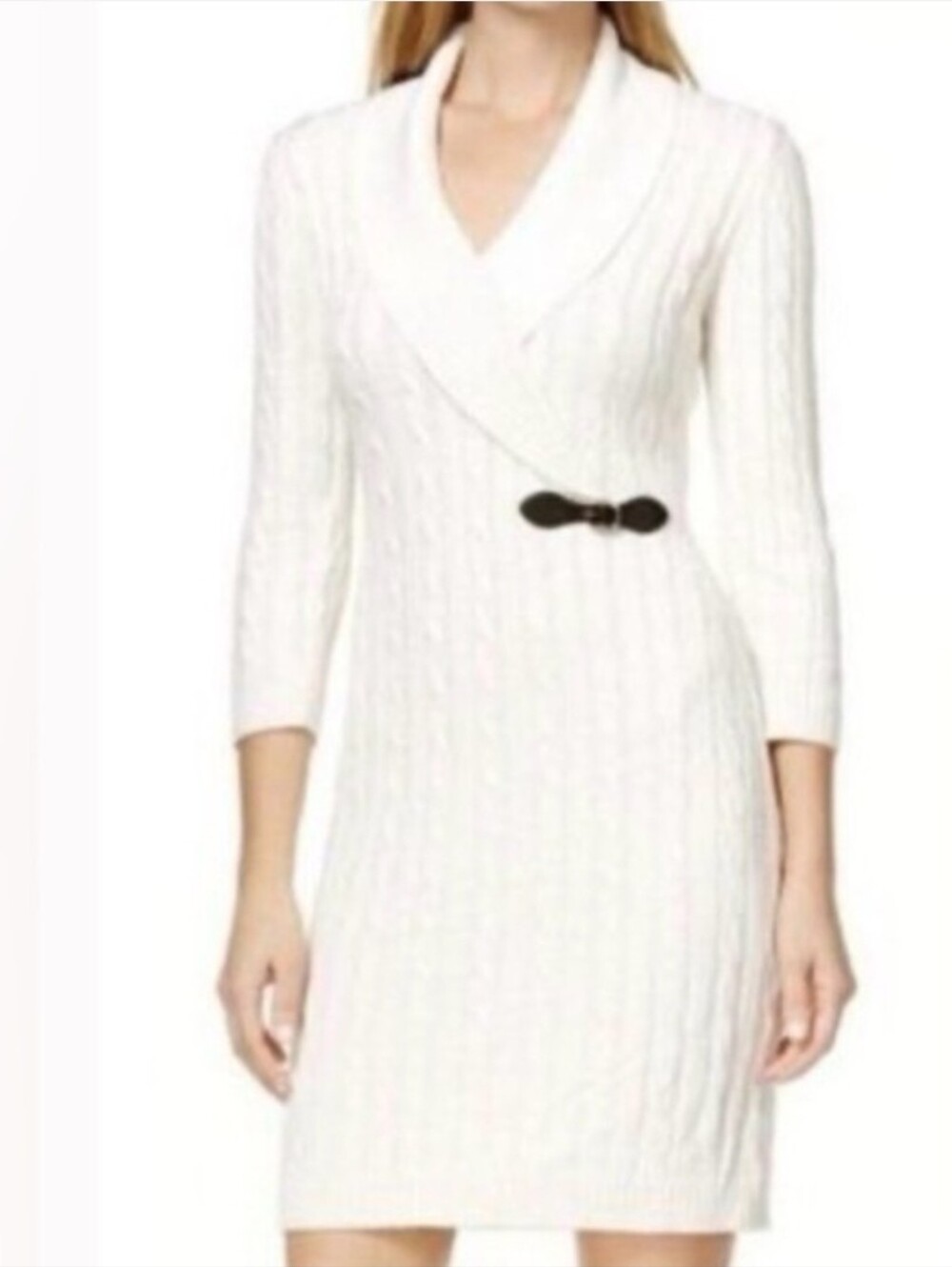 Calvin Klein Size M Ivory Cable Knit Faux Wrap Leather Buckle Sweater Dress EUC - Picture 1 of 16